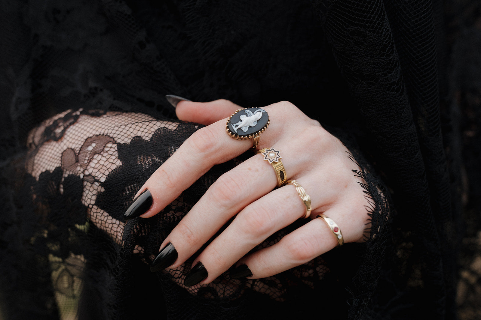 Victorian English Mourning Ring With Enamel and Woven Hair