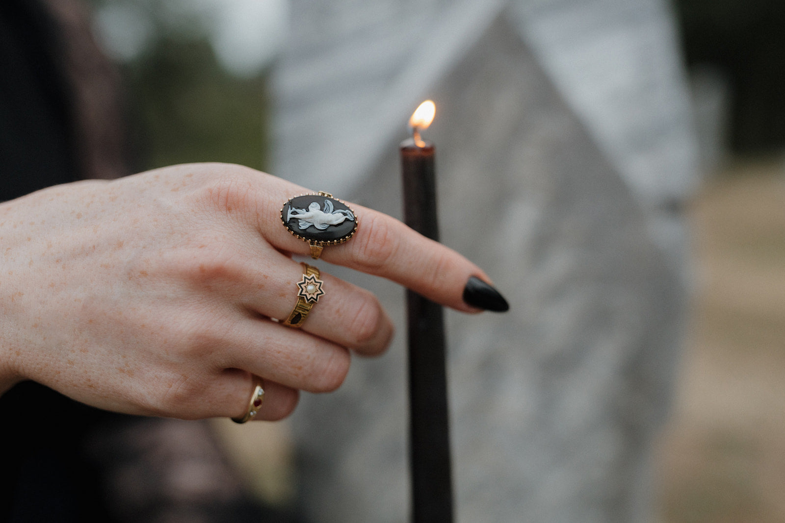Victorian English Mourning Ring With Enamel and Woven Hair