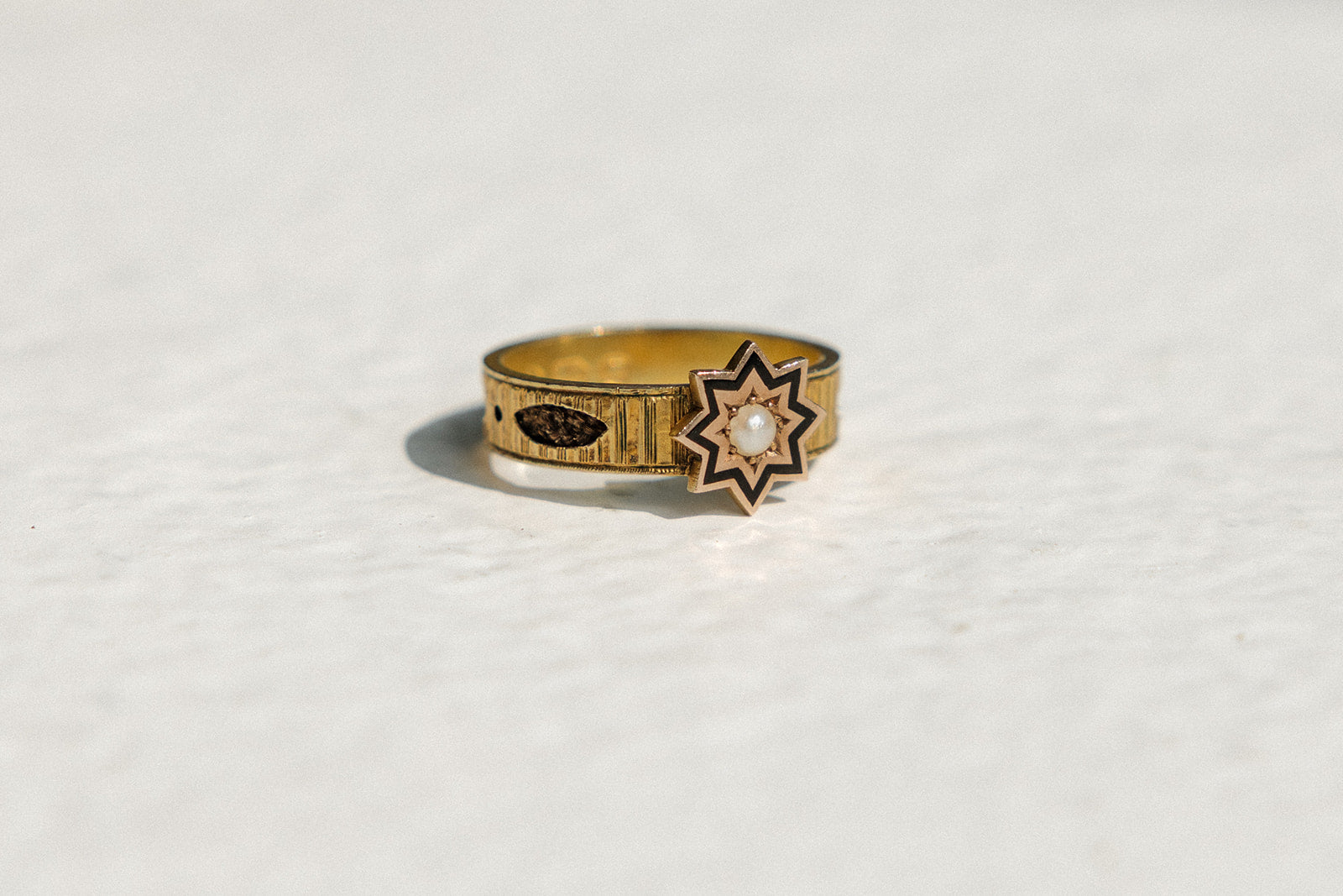 Victorian English Mourning Ring With Enamel and Woven Hair