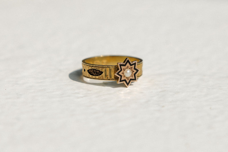 Victorian English Mourning Ring With Enamel and Woven Hair