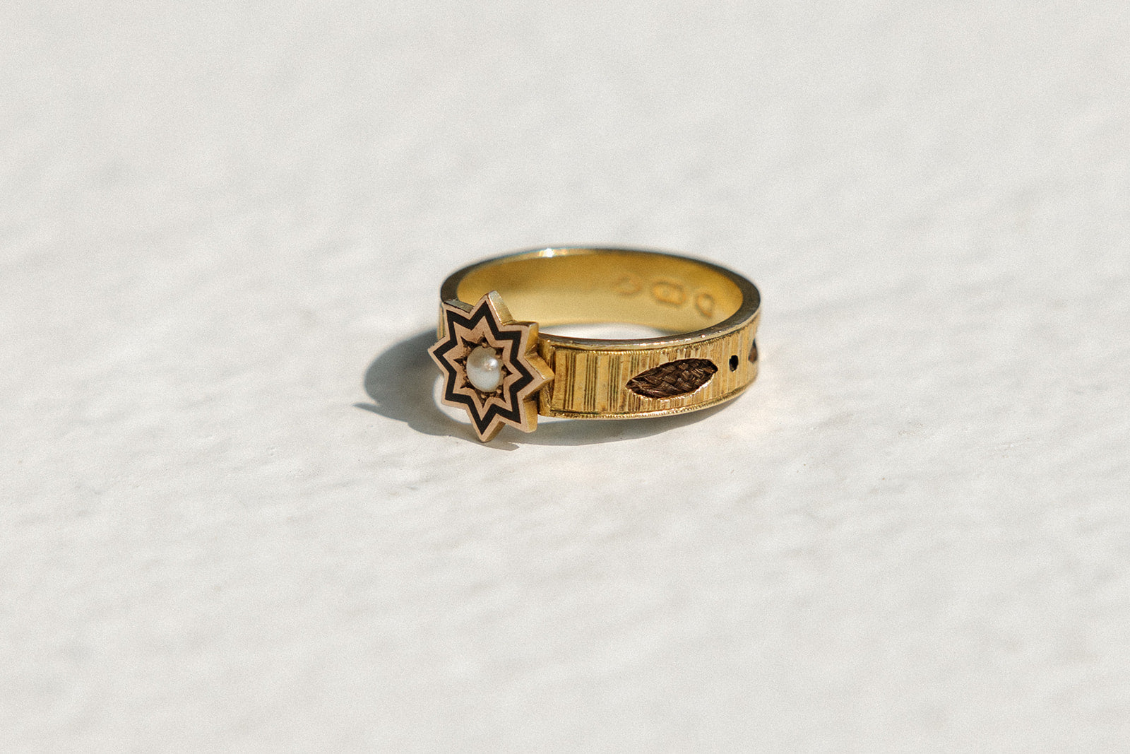 Victorian English Mourning Ring With Enamel and Woven Hair